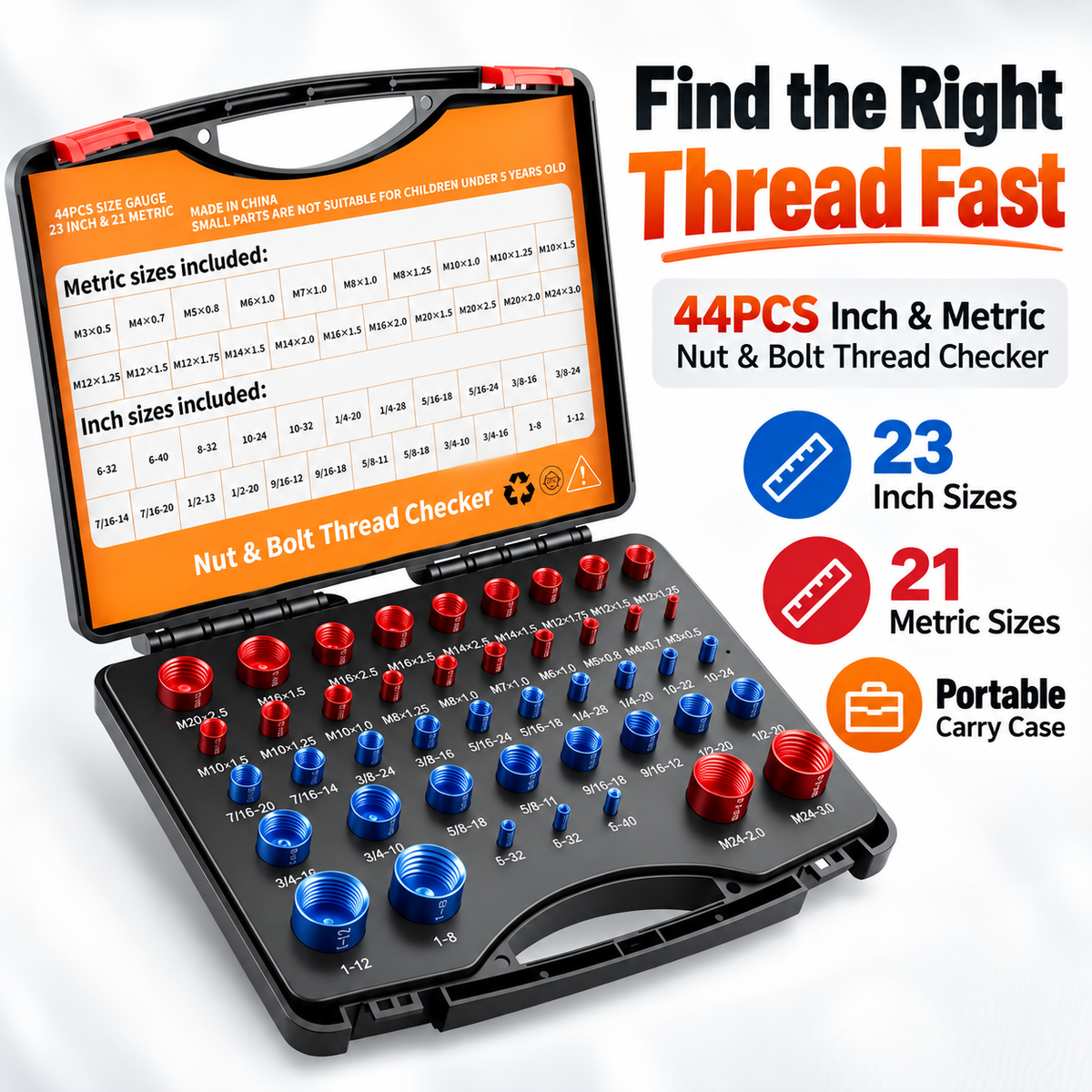 26/44-Piece Nut & Bolt Thread Checker Set – Metric & SAE Thread Gauge with Portable Carrying Case