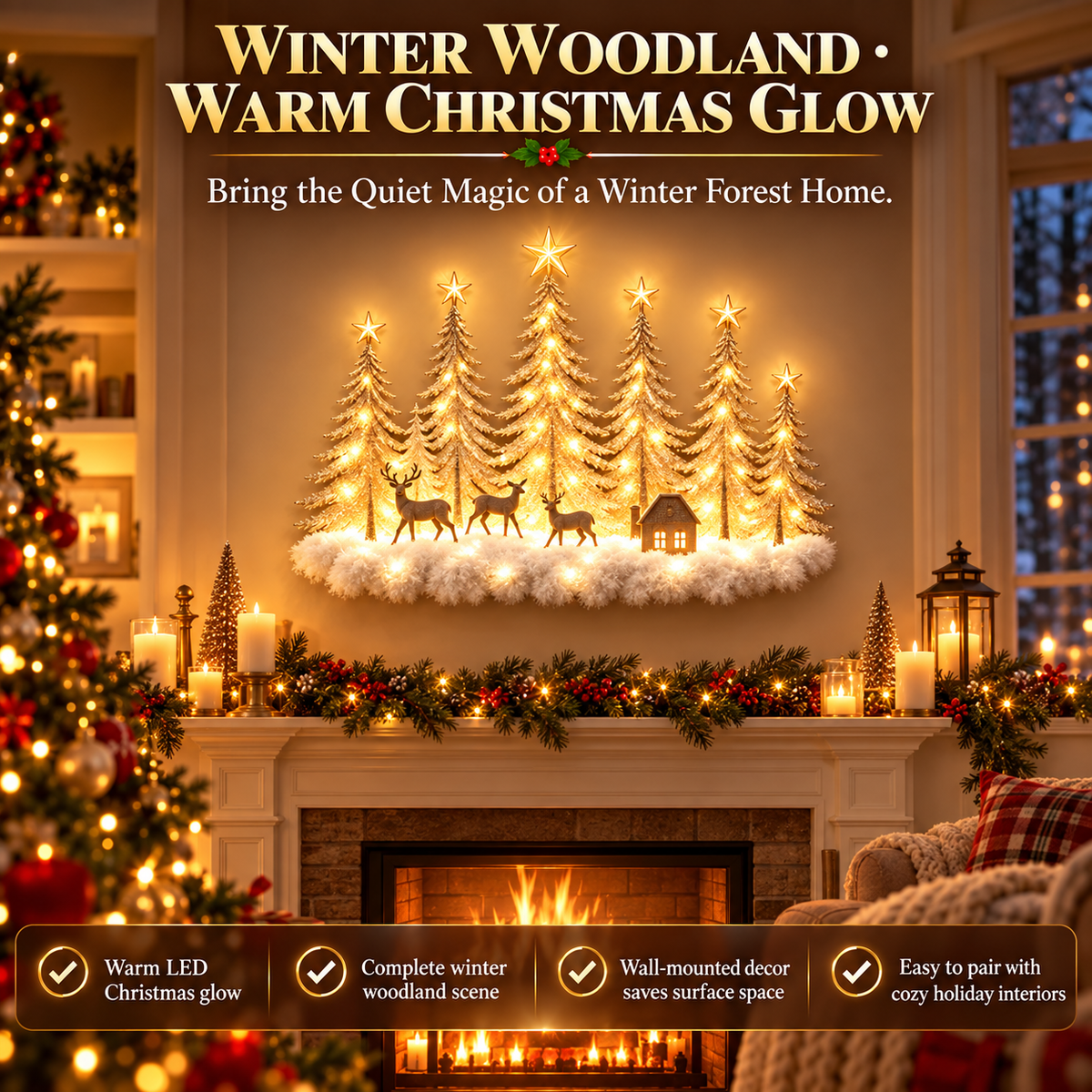 🌲 Lighted Winter Woodland Forest Wall Decor – Warm LED Christmas Tree, Deer & Cottage Scene