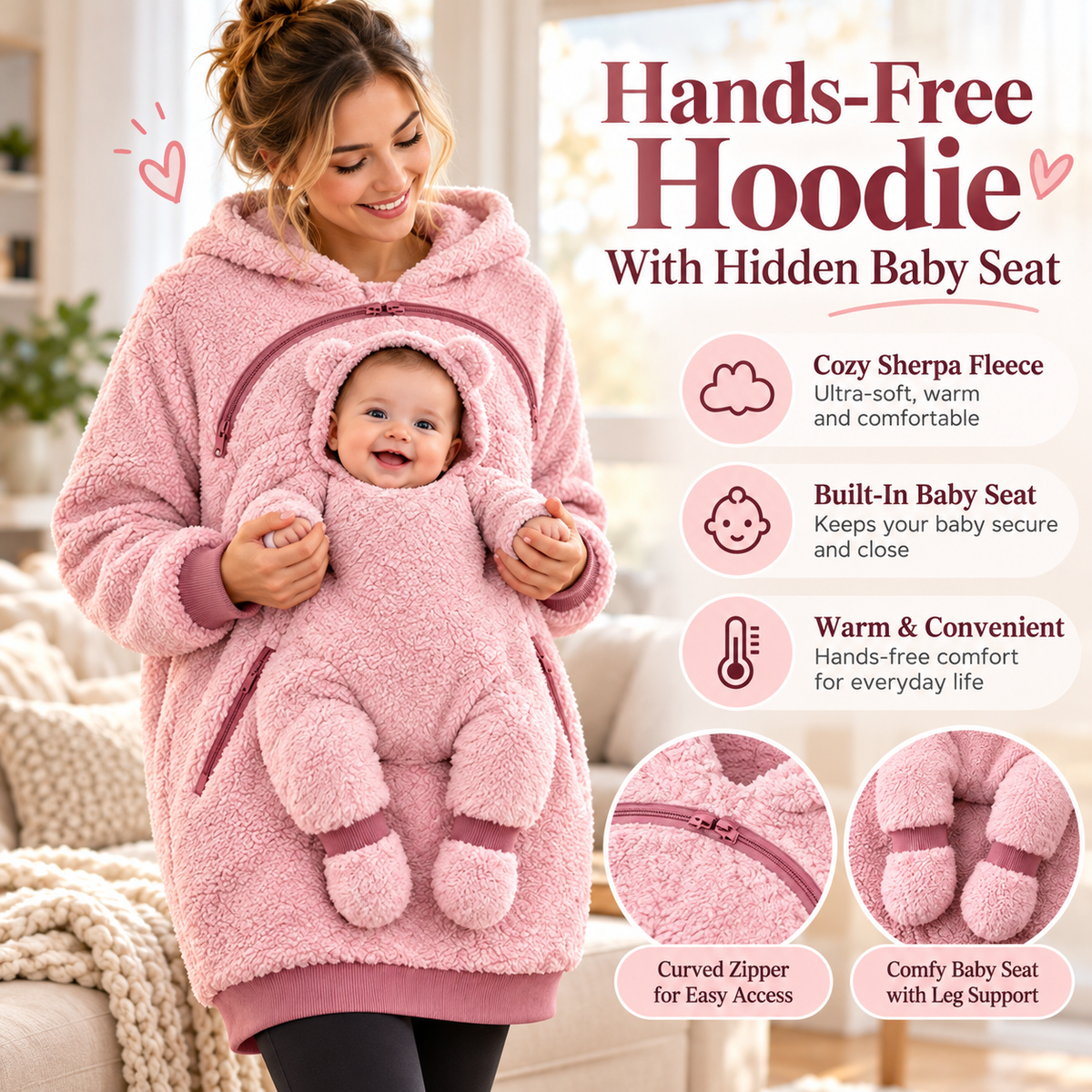 Baby Fleece Hoodie with Built-In Baby Seat – Cozy Babywearing Pullover for Moms & Dads
