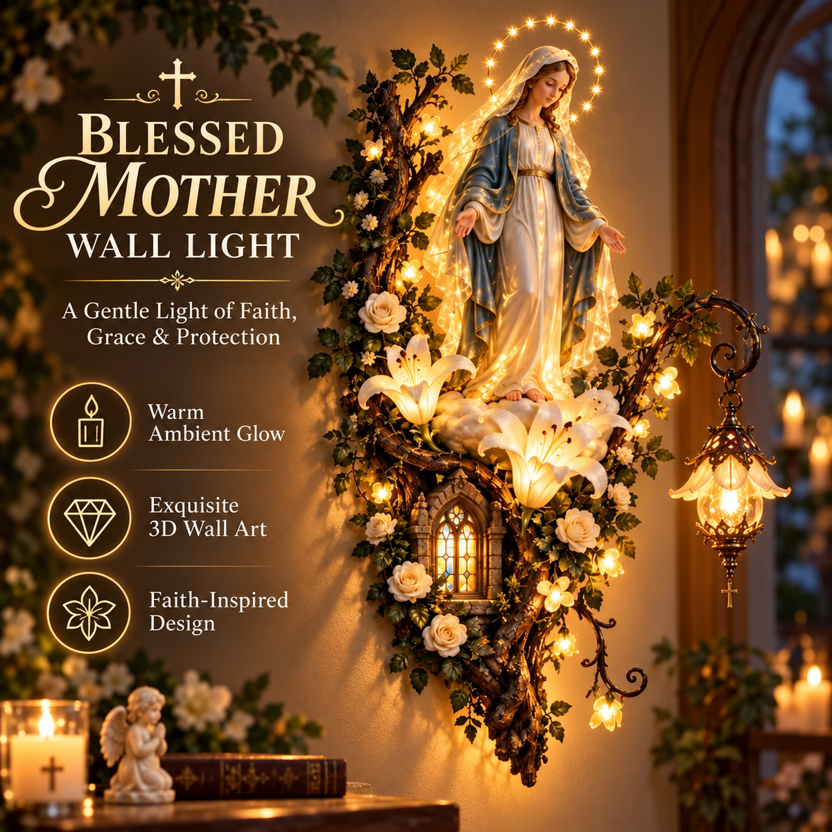 Blessed Mother Lighted Wall Décor – Virgin Mary 3D Religious Wall Art with Warm Ambient Glow & Floral Details
