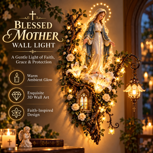 Blessed Mother Lighted Wall Décor – Virgin Mary 3D Religious Wall Art with Warm Ambient Glow & Floral Details