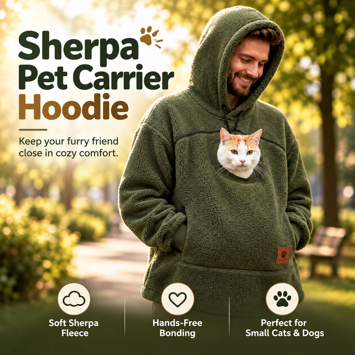Sherpa Pet Carrier Hoodie with Cozy Kangaroo Pouch for Small Cats & Dogs