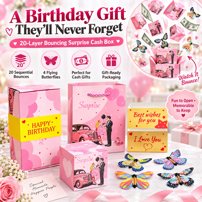 20-Layer Surprise Explosion Gift Box – Pop-Up Cash Gift Box with 4 Flying Butterflies for Birthdays, Anniversaries & Celebrations