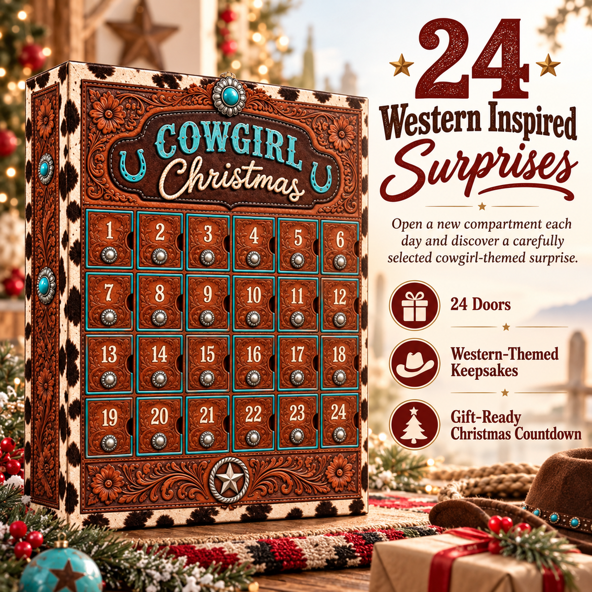 Cowgirl Christmas Advent Calendar – 24 Western-Inspired Surprises with Turquoise-Style Jewelry, Accessories & Keepsakes