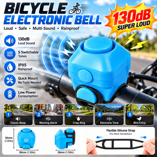 130dB Electronic Bike Horn – 5-Tone IPX5 Rainproof Bicycle Bell with Quick Silicone Mount