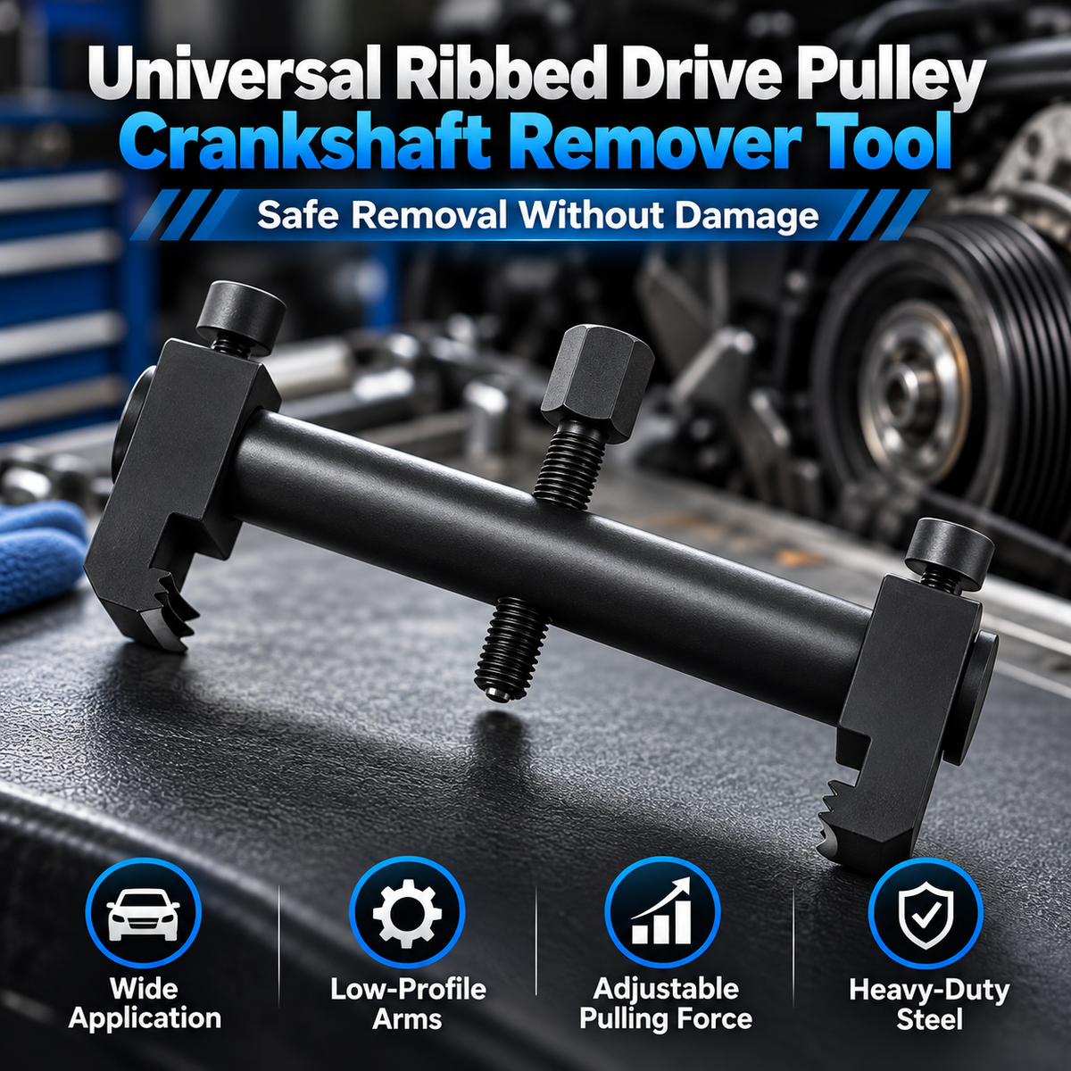 Adjustable Ribbed Pulley Puller – Low-Profile Crankshaft, Alternator, A/C & Water Pump Removal Tool