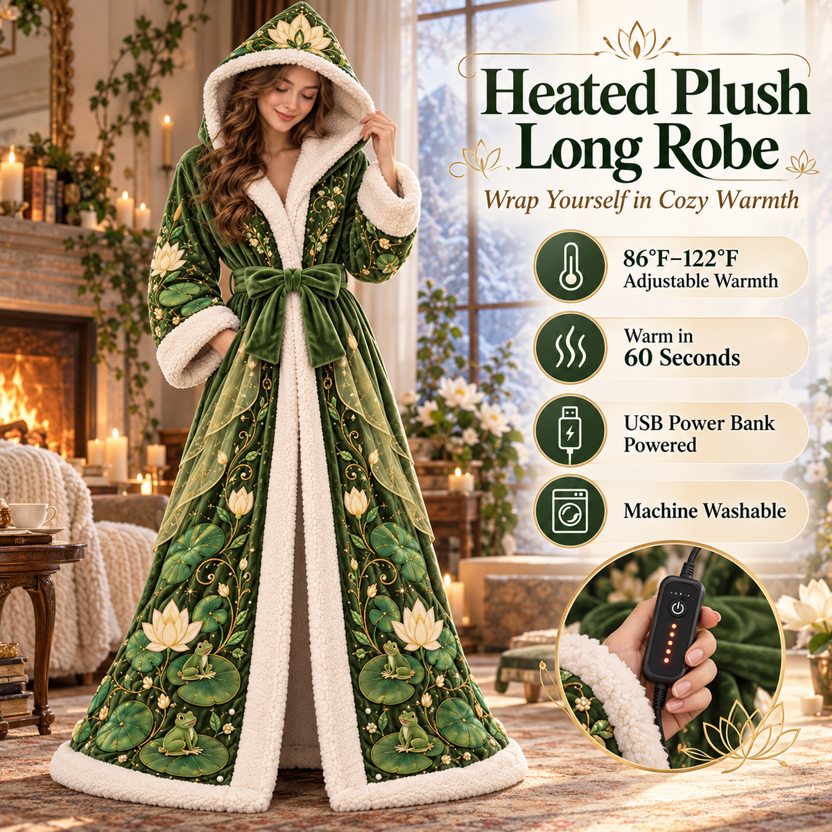 Lotus Garden USB Heated Hooded Robe – Plush Full-Length Wearable Warmth for Women