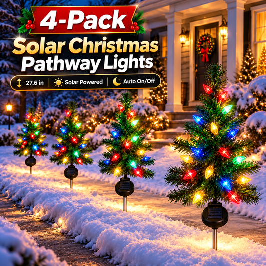4-Pack Solar Christmas Tree Pathway Lights – 27.6" Pre-Lit Multicolor Outdoor Holiday Yard Stakes with Auto On/Off Sensor