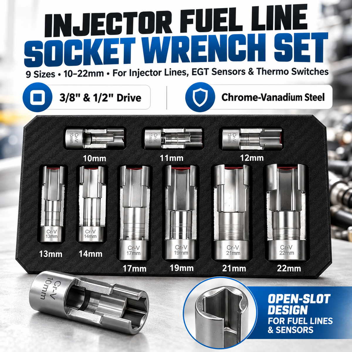 9-Piece Injector & Sensor Line Socket Set – 10–22mm Open-Side Cr-V Sockets, 3/8" & 1/2" Drive