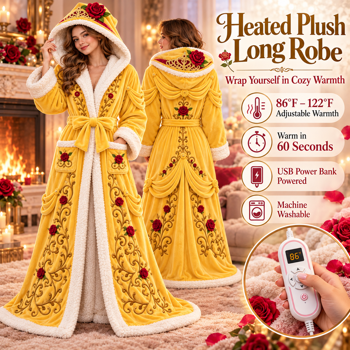 Women's USB Heated Princess Robe – One-Size Plush Hooded Bathrobe with Adjustable Heat, Machine Washable