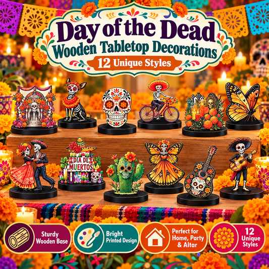12PCS Day of the Dead Wooden Tabletop Decorations – Colorful Sugar Skull & Skeleton Freestanding Decor for Día de Muertos Displays