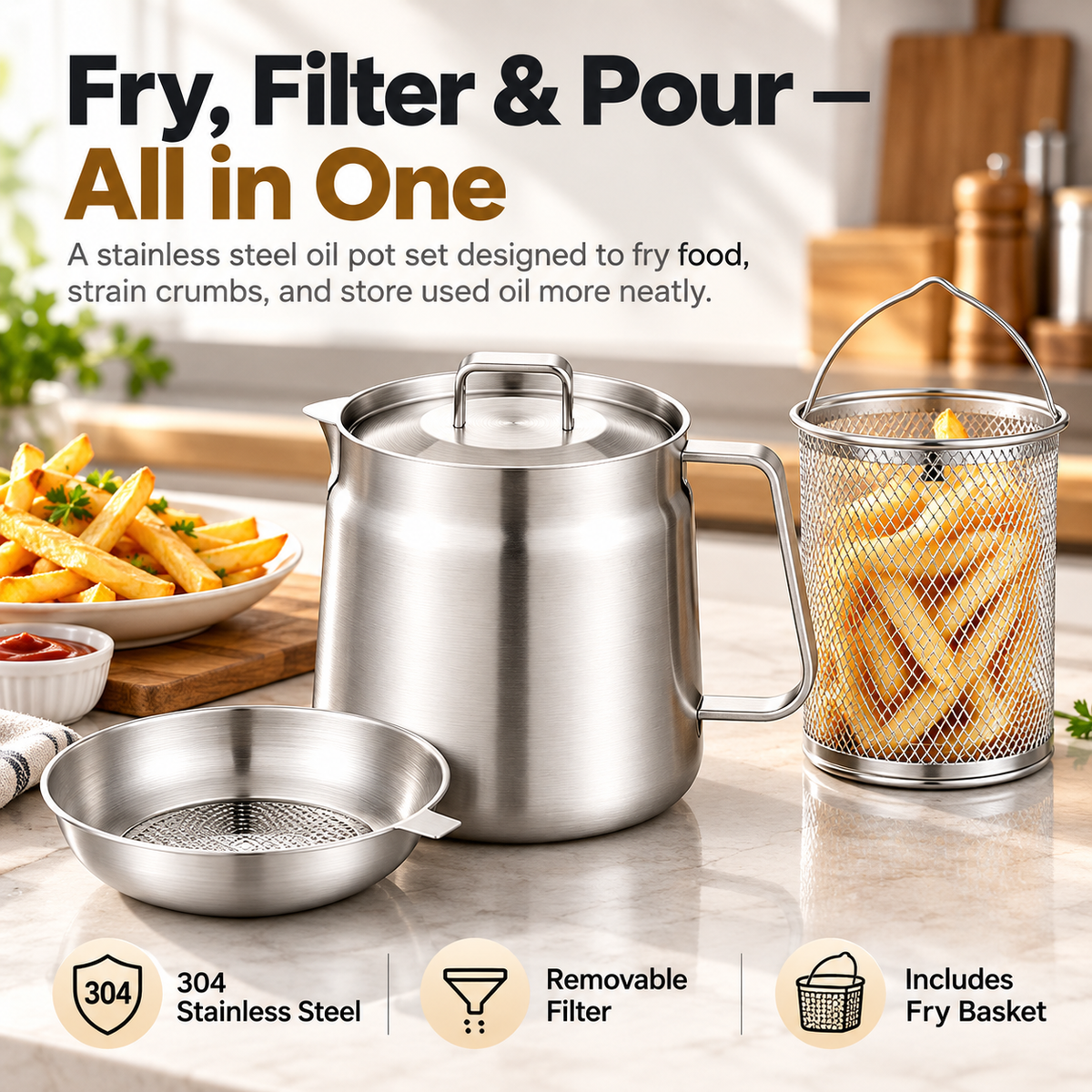 🔥Last Day 50% OFF – 🍟3-in-1 Stainless Steel Deep Fryer Pot with Oil Filter & Fry Basket