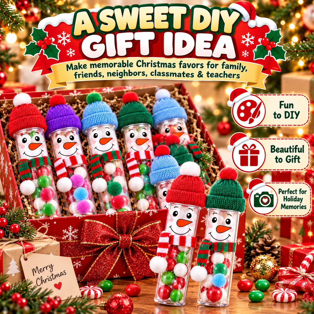 16-Pack DIY Snowman Candy Tubes – Christmas Treat Containers with Mini Hats, Scarves & Craft Decorations