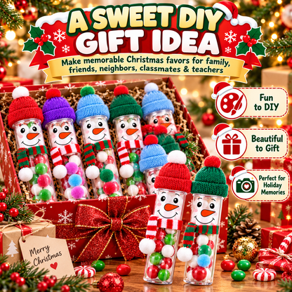 16-Pack DIY Snowman Candy Tubes – Christmas Treat Containers with Mini Hats, Scarves & Craft Decorations