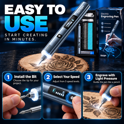 Vanlgs Cordless Engraving Pen Kit – 5-Speed Rechargeable Electric Engraver with LED Light & 30 Engraving Bits for DIY Gifts