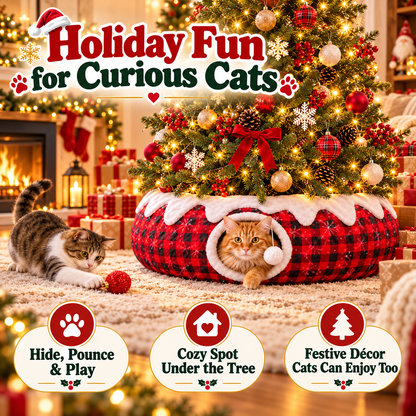 3-in-1 Christmas Tree Cat Tunnel Bed – Convertible S-Tunnel & Buffalo Plaid Tree Skirt