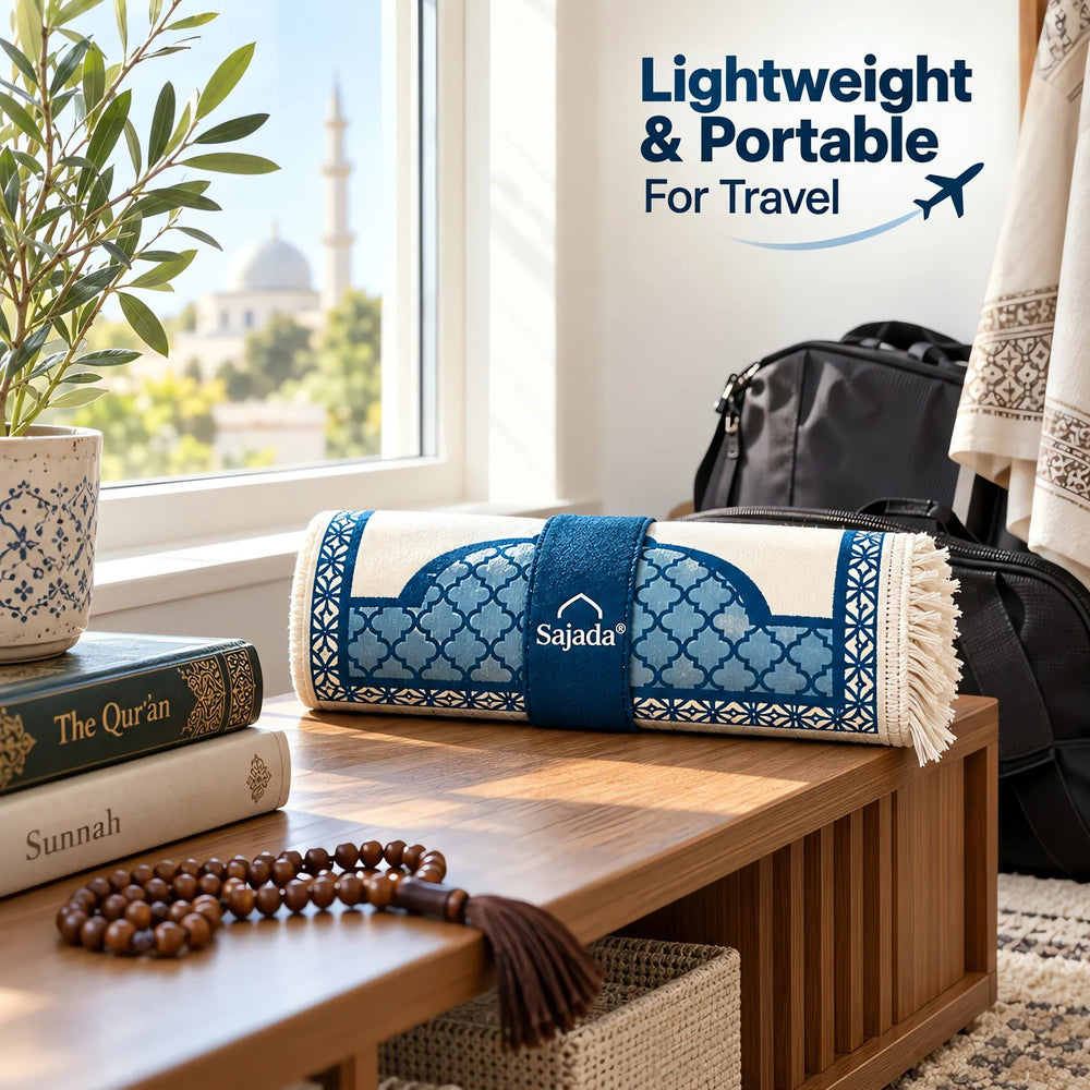Rolled phonetic prayer mat secured with a strap for carrying or travel
