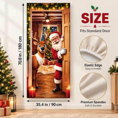 Stretch Christmas Door Cover – Santa & Reindeer Slip-On Door Decoration with 4-Side Elastic Edge