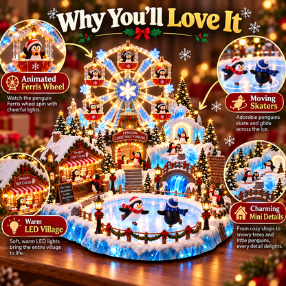 Animated Penguin Christmas Village – Lighted Ferris Wheel & Moving Ice Skaters Tabletop Decor-USB-C Rechargeable
