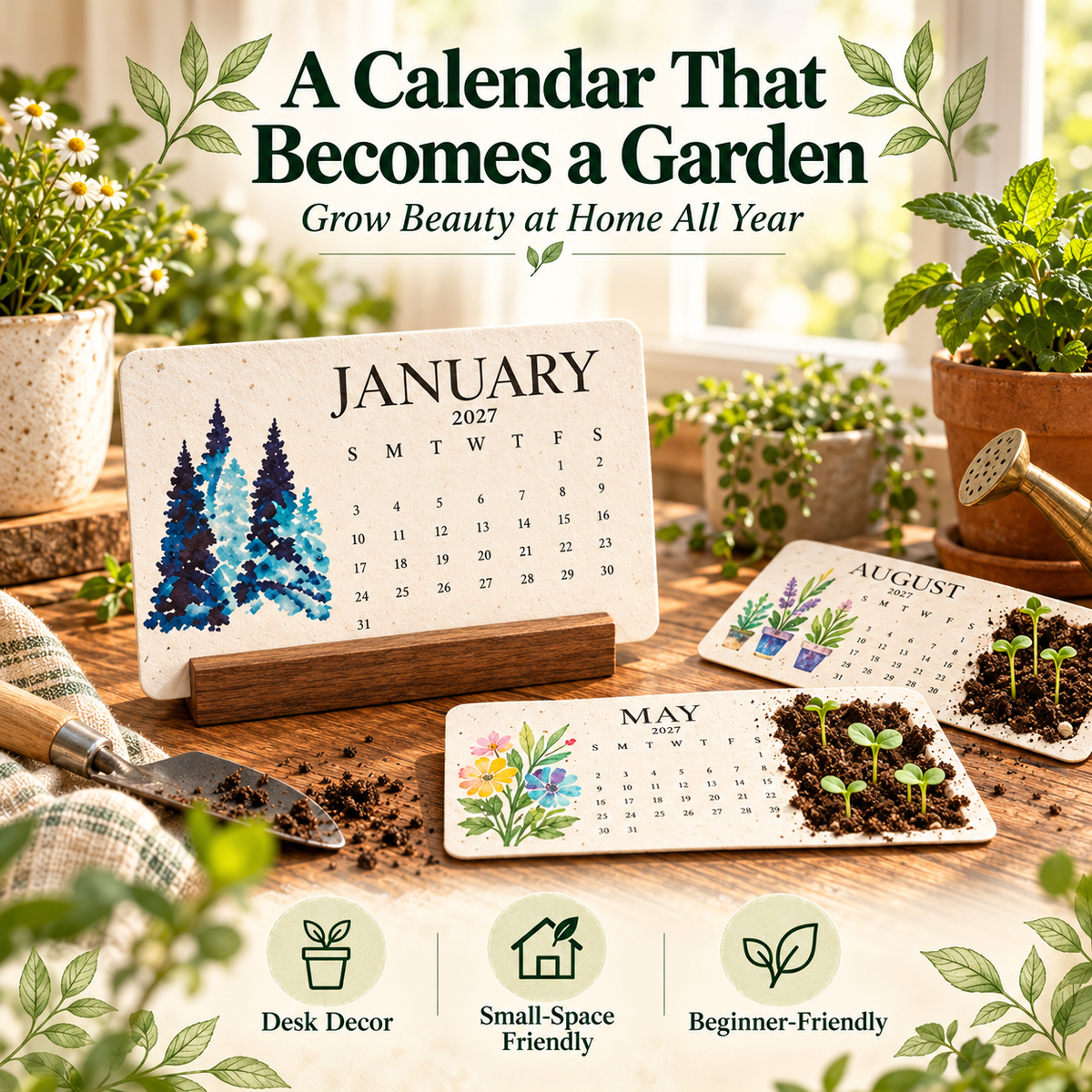 2027 Plantable Seed Paper Calendar With wooden bracket– 12-Month Botanical Desk Calendar, Eco-Friendly Gardening Gift
