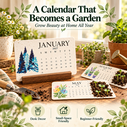 2027 Plantable Seed Paper Calendar With wooden bracket– 12-Month Botanical Desk Calendar, Eco-Friendly Gardening Gift