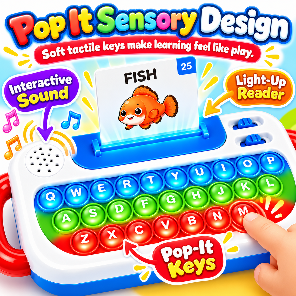 Talking Flash Cards Keyboard Toy for Kids Ages 3+ – 144 Words, 3 Learning Modes & Pop It Keys