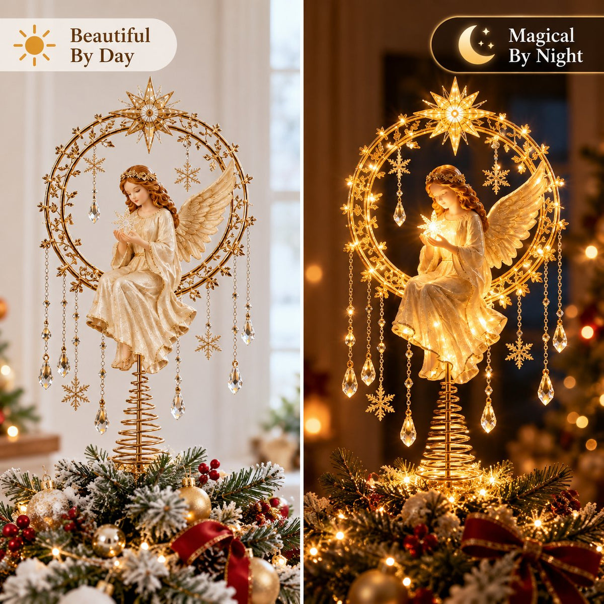 🏆Hot Sale⚡LED Angel Christmas Tree Topper – Lighted Golden Angel Holiday Decoration