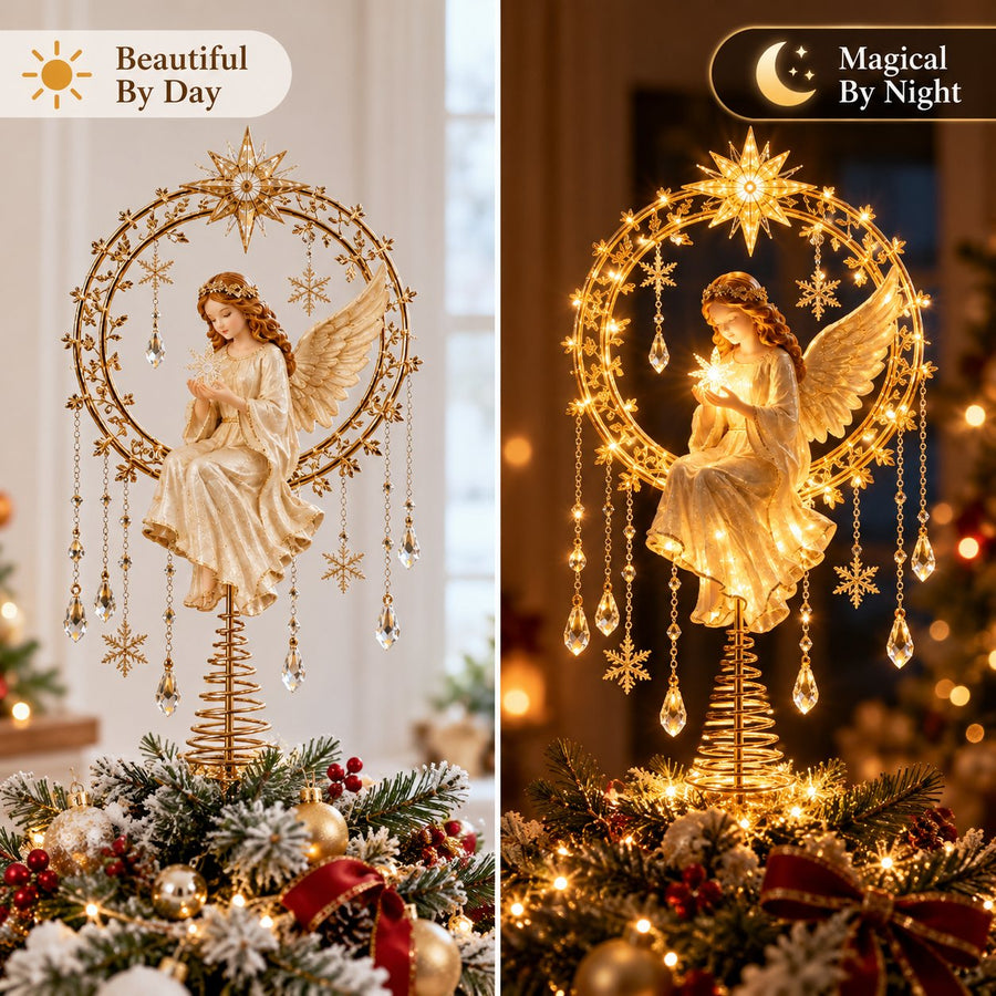 Angel Christmas tree topper shown during the day and glowing at night