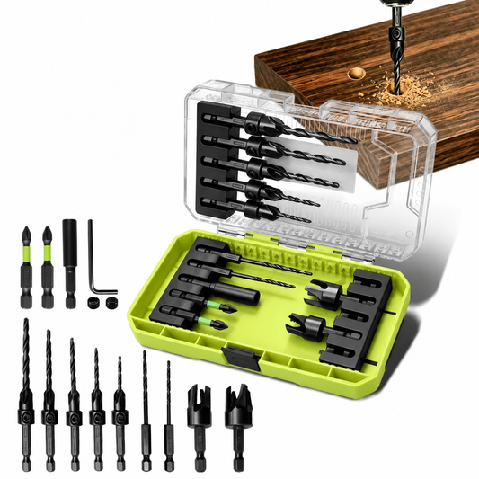 15-Piece Countersink Drill Bit Set – 1/4" Hex Shank Woodworking Bits with Depth Stops, Plug Cutters & Storage Case