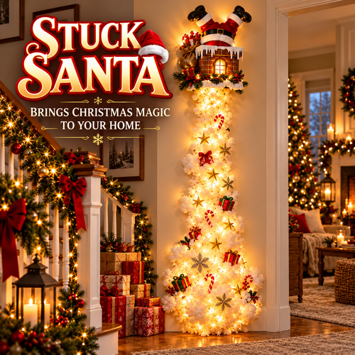 Stuck Santa Lighted Christmas Wall Tree – 4.9 FT Upside-Down Santa Chimney Decor