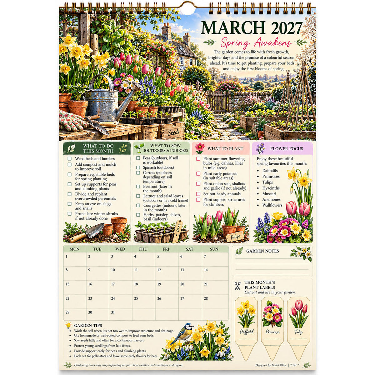 2027 Four Seasons Gardening Calendar & Monthly Planner – A4 Wall Calendar with Planting Guide, Garden Tasks & Plant Labels | TYII™