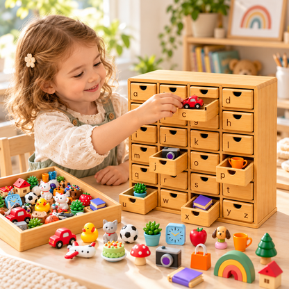 Montessori Phonics Cabinet With 120 Miniature Objects