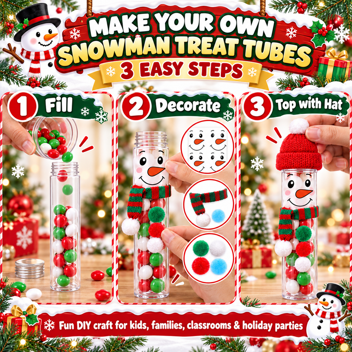 16-Pack DIY Snowman Candy Tubes – Christmas Treat Containers with Mini Hats, Scarves & Craft Decorations