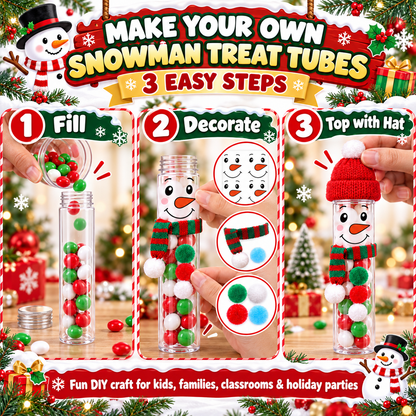 16-Pack DIY Snowman Candy Tubes – Christmas Treat Containers with Mini Hats, Scarves & Craft Decorations
