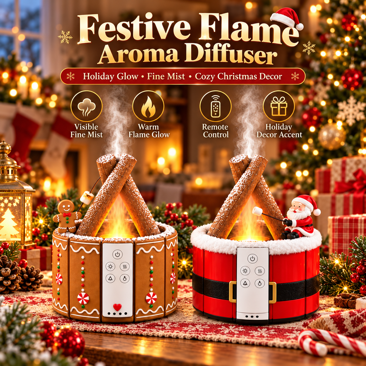 🔥Last Day 50% OFF –🎄 Christmas Campfire Aroma Diffuser – Cozy Flame-Style Glow, Festive Mist & Adorable Santa/Gingerbread Designs