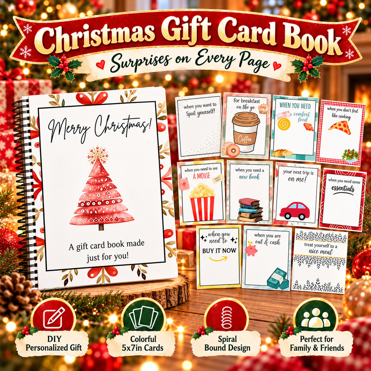 Christmas Gift Card Book – Spiral-Bound Personalized “Open When” Holiday Booklet for Gift Cards, Cash & Notes