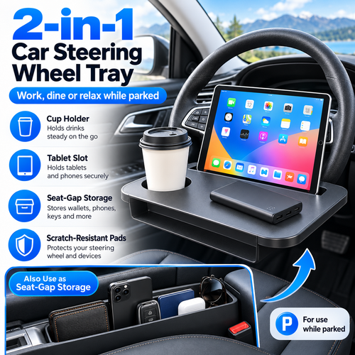2-in-1 Car Steering Wheel Desk & Seat Gap Organizer – Reversible Laptop Tray and Meal Holder