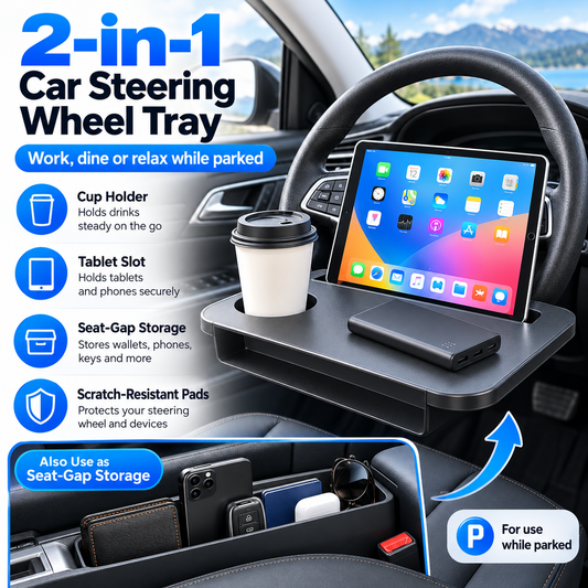 2-in-1 Car Steering Wheel Desk & Seat Gap Organizer – Reversible Laptop Tray and Meal Holder