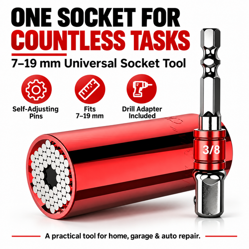 Universal Socket Tool – 7–19mm Self-Adjusting Grip Socket with Drill Adapter