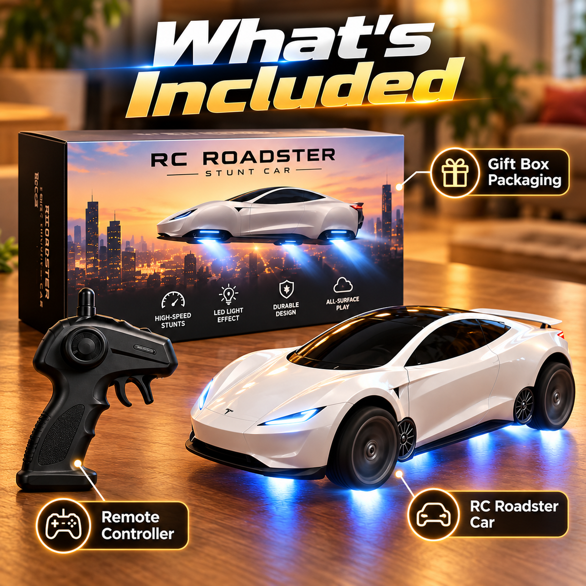 RC Roadster Stunt Car – Remote Control Sports Car with Blue LED Lights, Racing & Stunt Play for Kids
