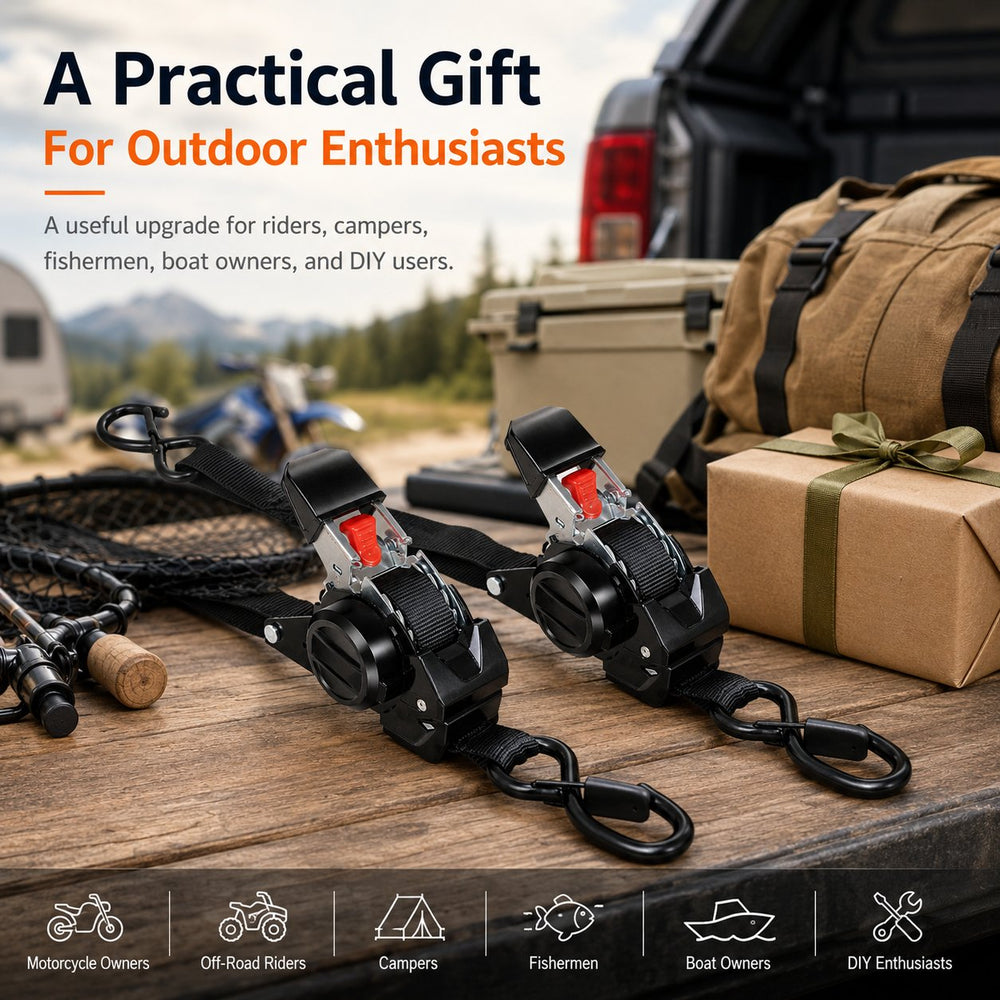 Retractable ratchet straps gift idea for riders campers and boat owners