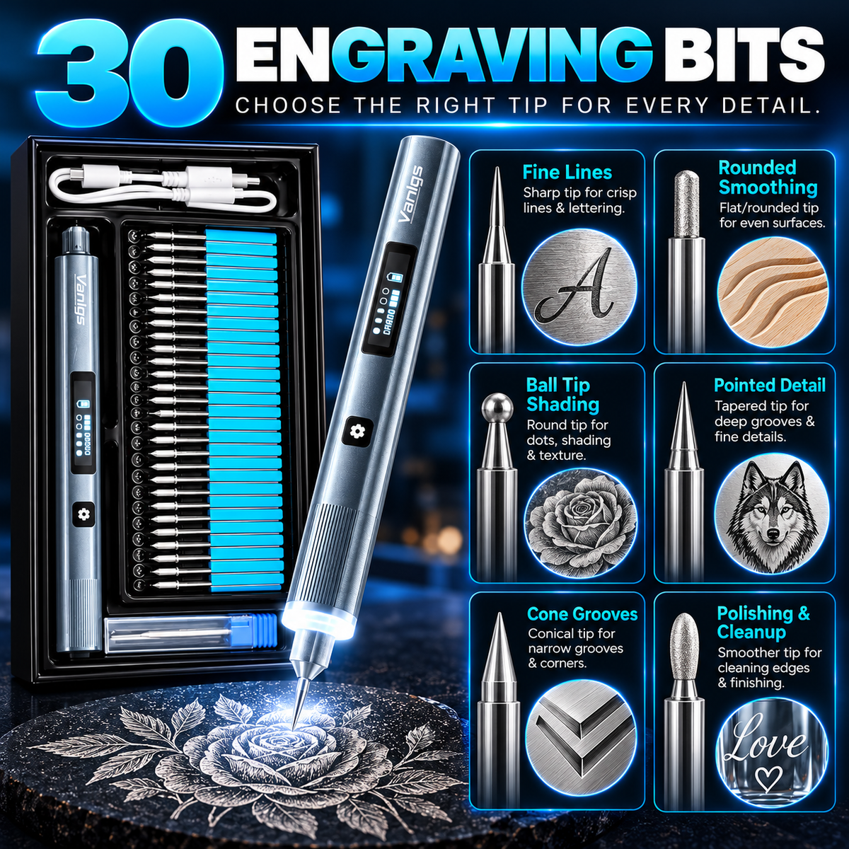 Vanlgs Cordless Engraving Pen Kit – 5-Speed Rechargeable Electric Engraver with LED Light & 30 Engraving Bits for DIY Gifts