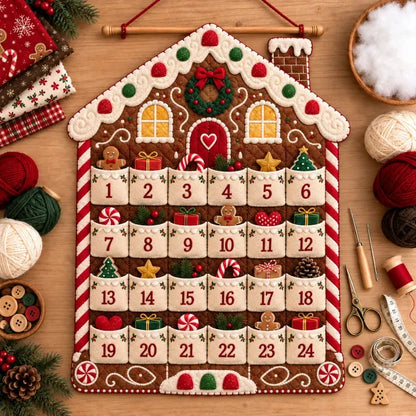 Reusable handmade gingerbread advent calendar with numbered fabric pockets