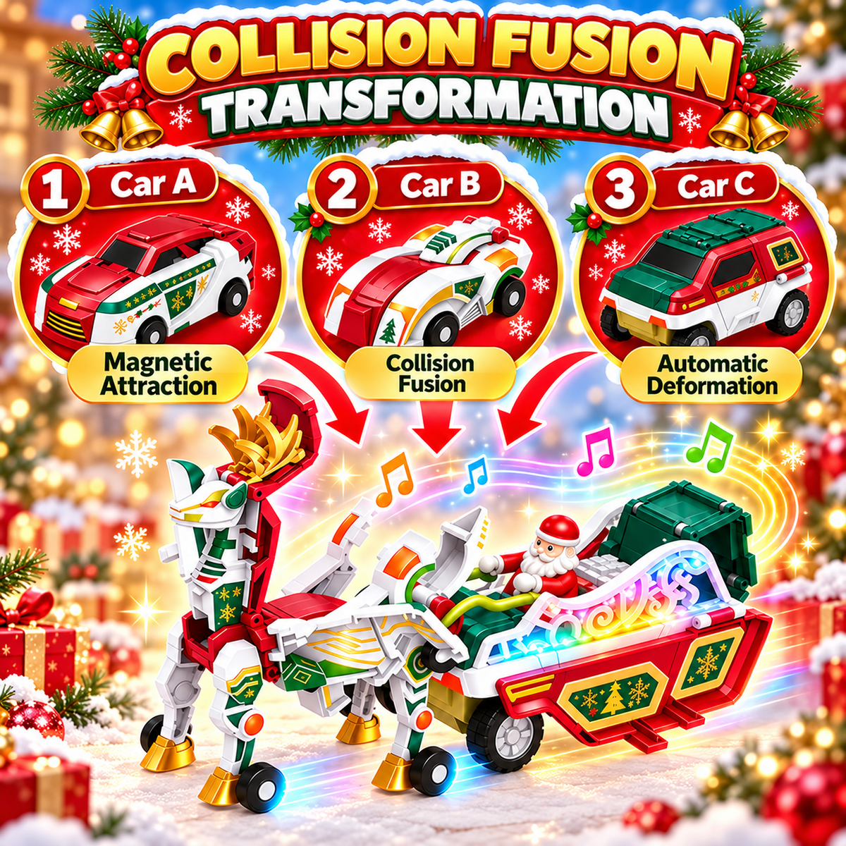 🔥Last day 50% OFF-3-in-1 Magnetic Christmas Transforming Car Toy Set with Santa Sleigh, Lights & Music