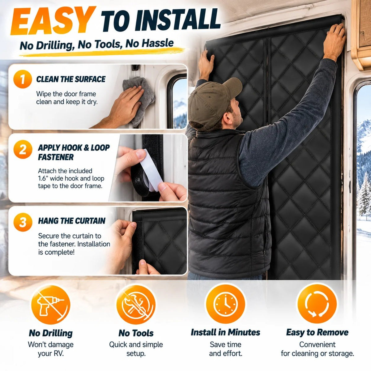 RV Insulated Door Cover, Magnetic Thermal Curtain, 33 x 80 in