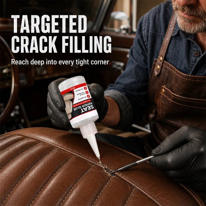 Precision nozzle applying leather repair adhesive into a narrow crack in brown car seat upholstery