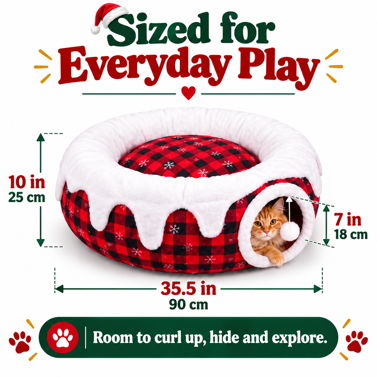 3-in-1 Christmas Tree Cat Tunnel Bed – Convertible S-Tunnel & Buffalo Plaid Tree Skirt