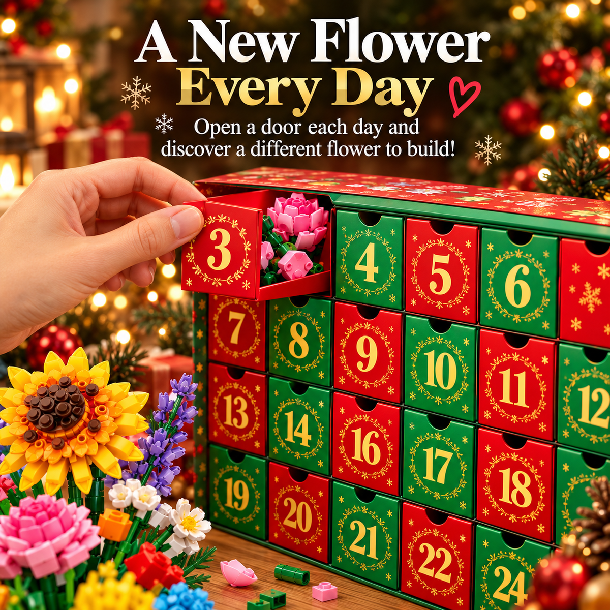 24-Day Flower Bouquet Building Blocks Advent Calendar – 24 Different Flowers Christmas Countdown Building Set