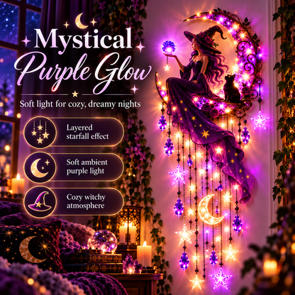 Witch Moon Starfall Wall Light – Purple Celestial Witch Decor with Crescent Moon, Stars & Crystal Accents