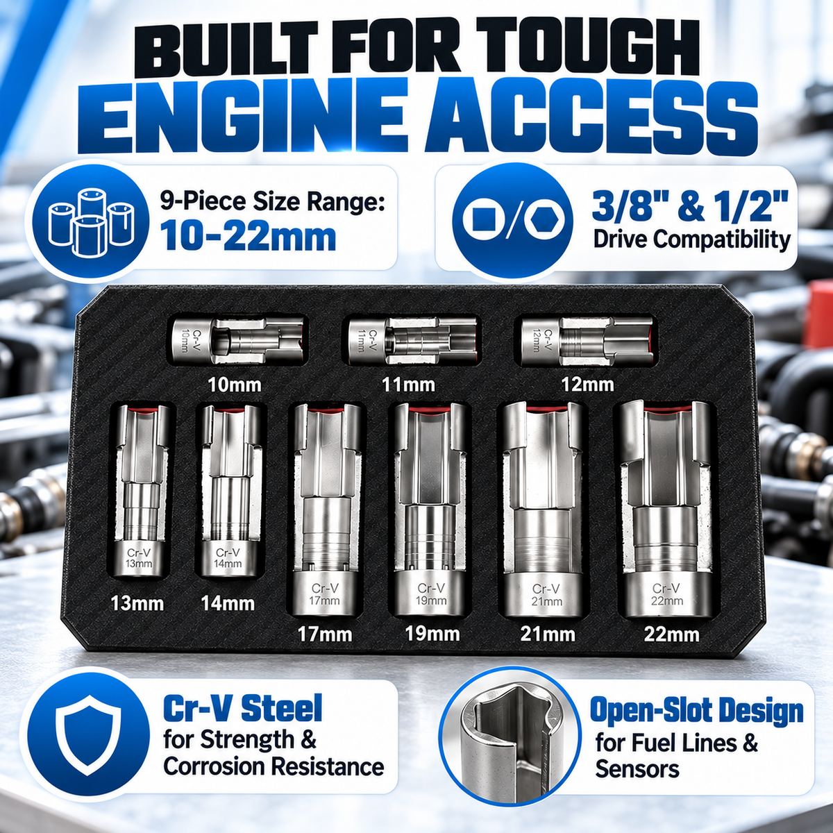 9-Piece Injector & Sensor Line Socket Set – 10–22mm Open-Side Cr-V Sockets, 3/8" & 1/2" Drive